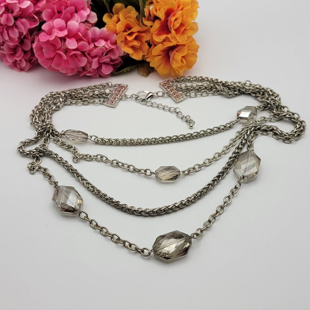 Silver Tone Multi Chain Faceted Smoke Quartz Station Layered Necklace 21" Adj.